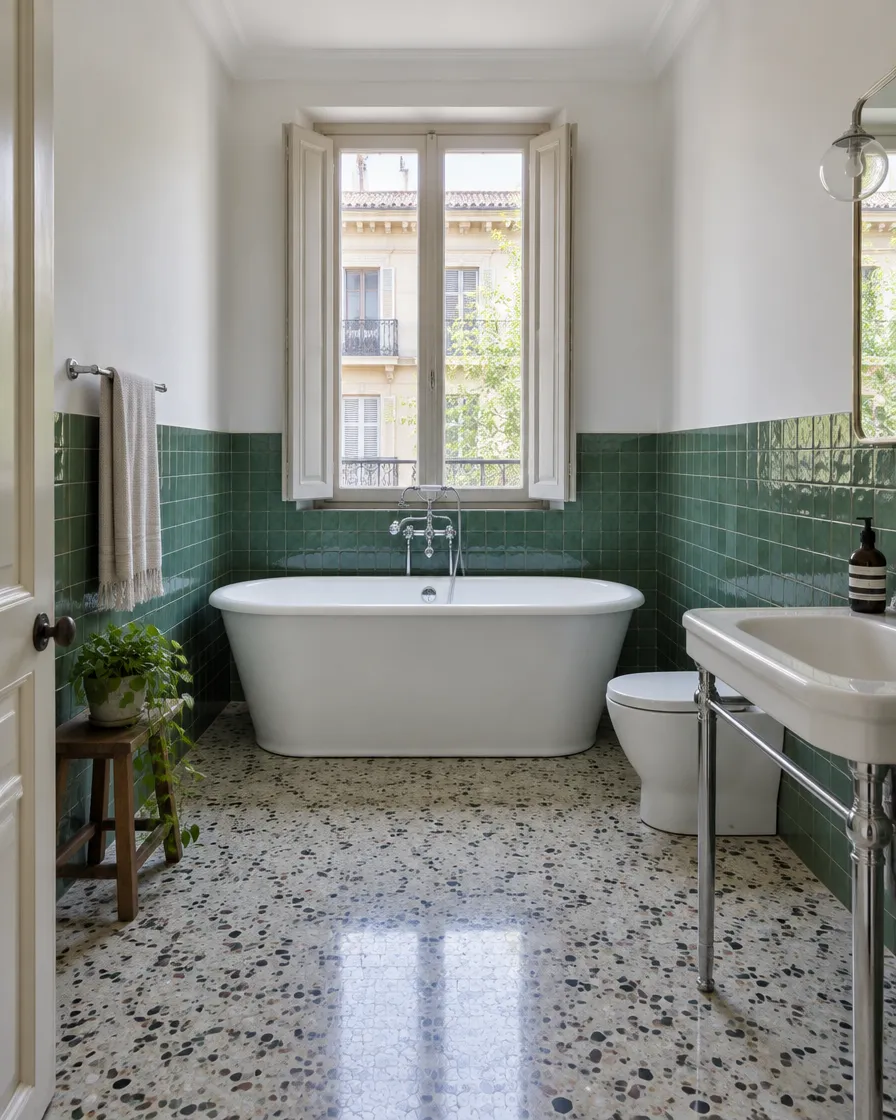 Baño con bañera exenta, azulejo verde a media altura y suelo de terrazo
