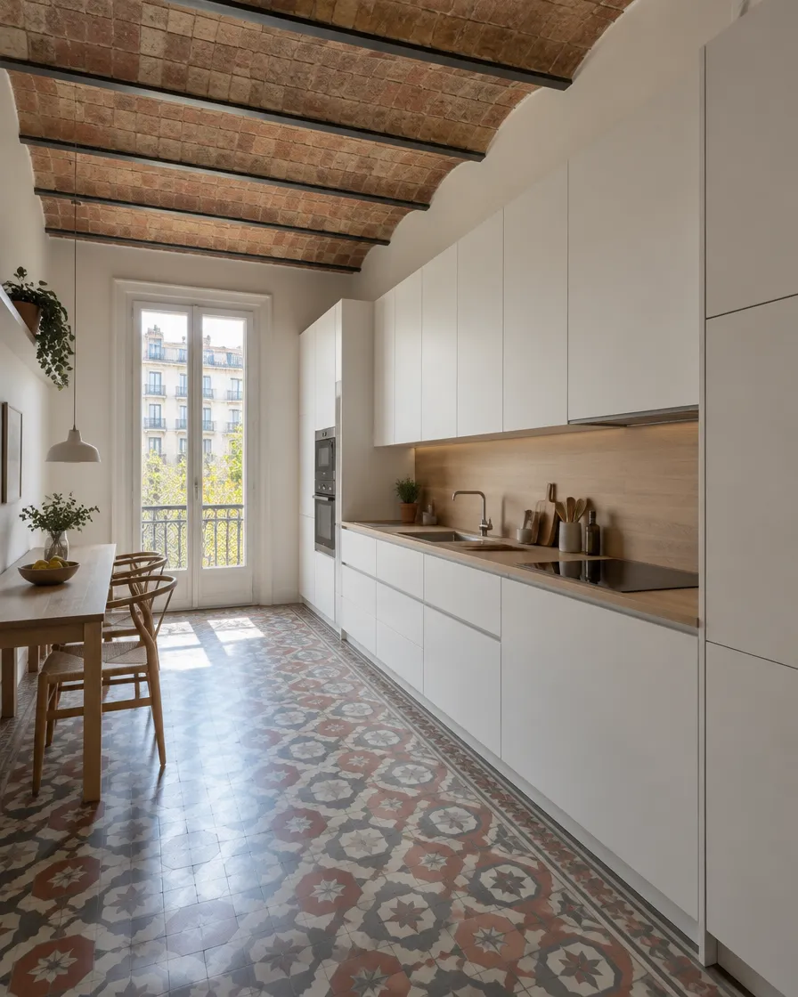 Cocina blanca bajo techo de volta catalana con suelo hidráulico original