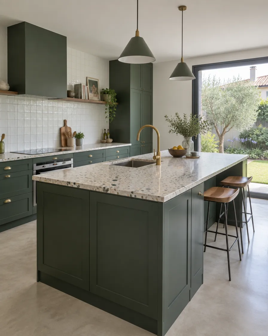 Cocina verde con isla de terrazo y lámparas colgantes